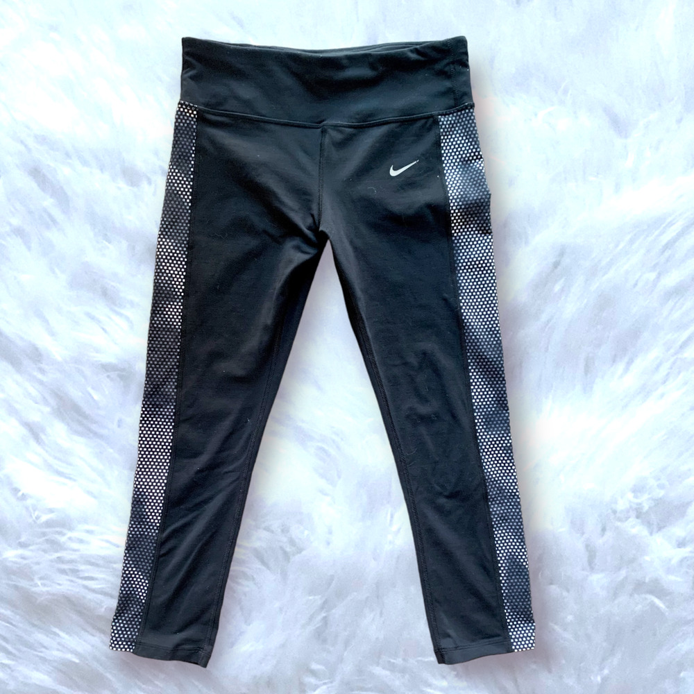 NIKE Dri Fit Capri Leggings Track Running Pants Camo Tuxedo Stripe Black Small